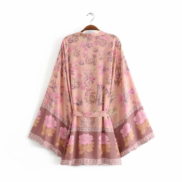 Boho Floral Tropical Print Belted Kimono Cover up - Picture 10 of 13